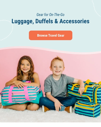 Image of girl and boy sitting with striped duffel bags. Gear for On-The-Go. Luggage, Duffel, & Travel Accessories. Link to Browse Travel Gear.