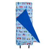light blue blanket with dark blue inside blanket. Consists of trains, firetrucks, airplanes, tractors