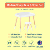 Modern Study Desk and Stool Set - White w/ Natural