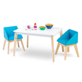 Modern Table & Chair Set - White Table Natural Legs w/ Blue Chairs