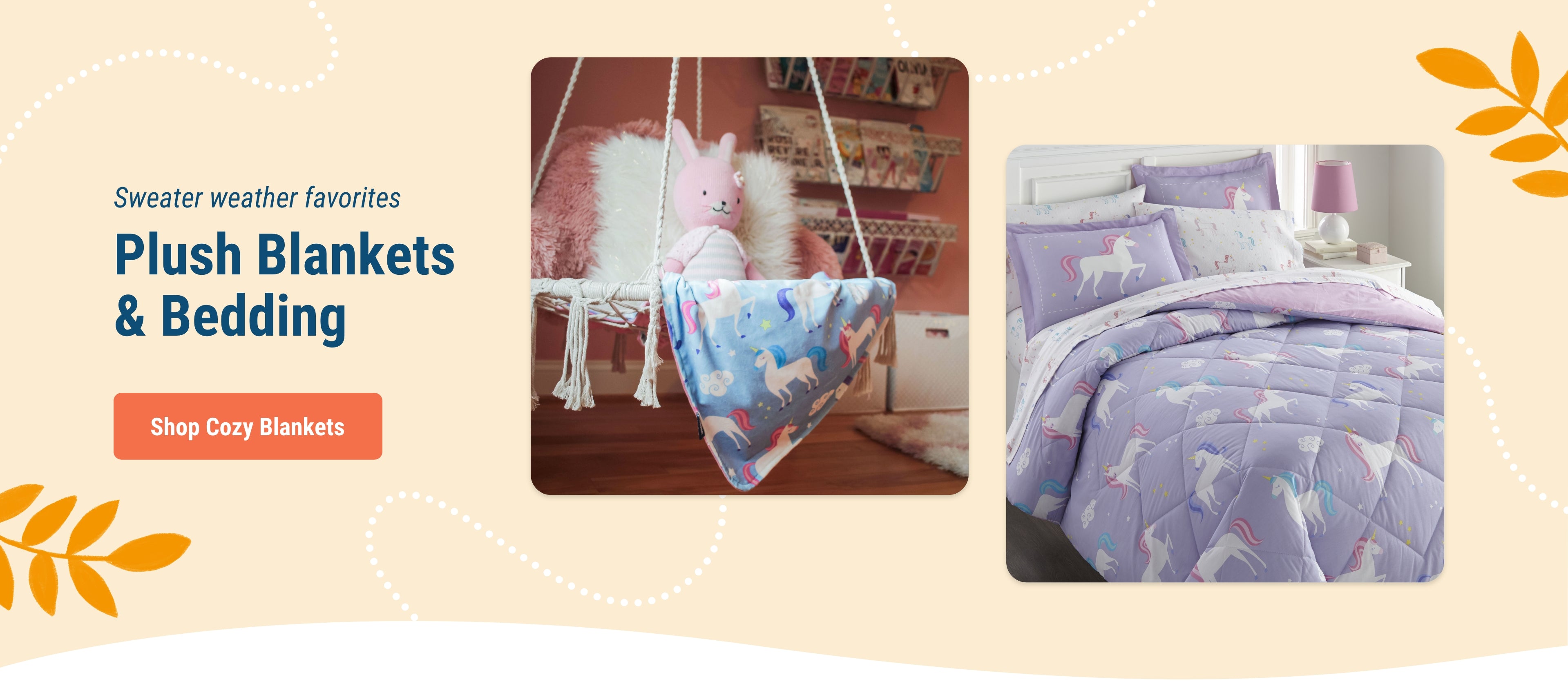 Sweater weather favorites. Plush blankets and Bedding. Link to Shop Cozy Blankets. Image of unicorn plush blanket and matching bedding set