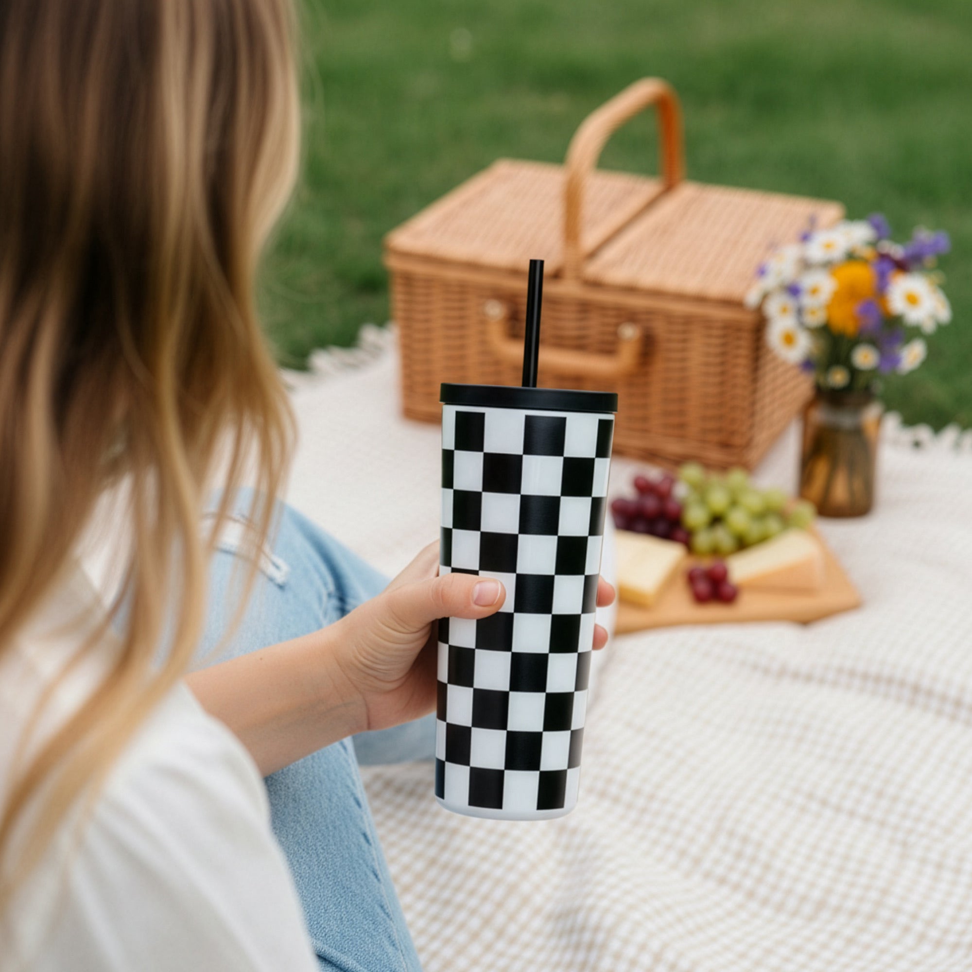 Black and White Checkered Tumbler - 24 oz