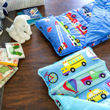 On the Go and Heroes microfiber nap mats on wooden floor