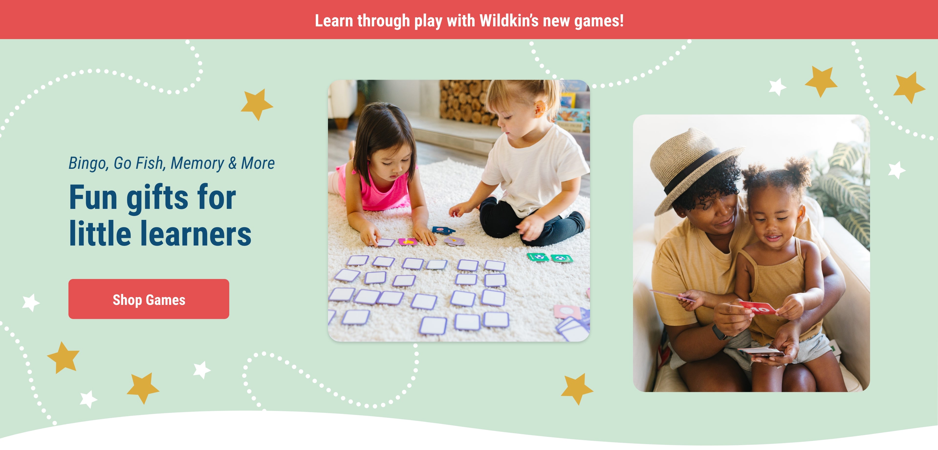 Bingo, Go Fish, Memory and More. Fun Gifts for little learners. Link to shop games. Images of 2 girls playing memory matching games on the floor. Image of a a mother and daughter playing with Toddler Flashcards