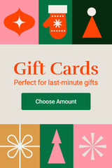 Holiday-themed banner with colorful ornaments, a mitten, and tree shapes. Text reads “Gift Cards – Perfect for last-minute gifts” with a green button labeled “Choose Amount.”
