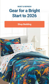 Kids dinosaur bed-in-a-bag bedding set styled on a bed in a bright bedroom with on-image text “Reset & Refresh: Gear for a Bright Start to 2026” and a “Shop Bedding” button.