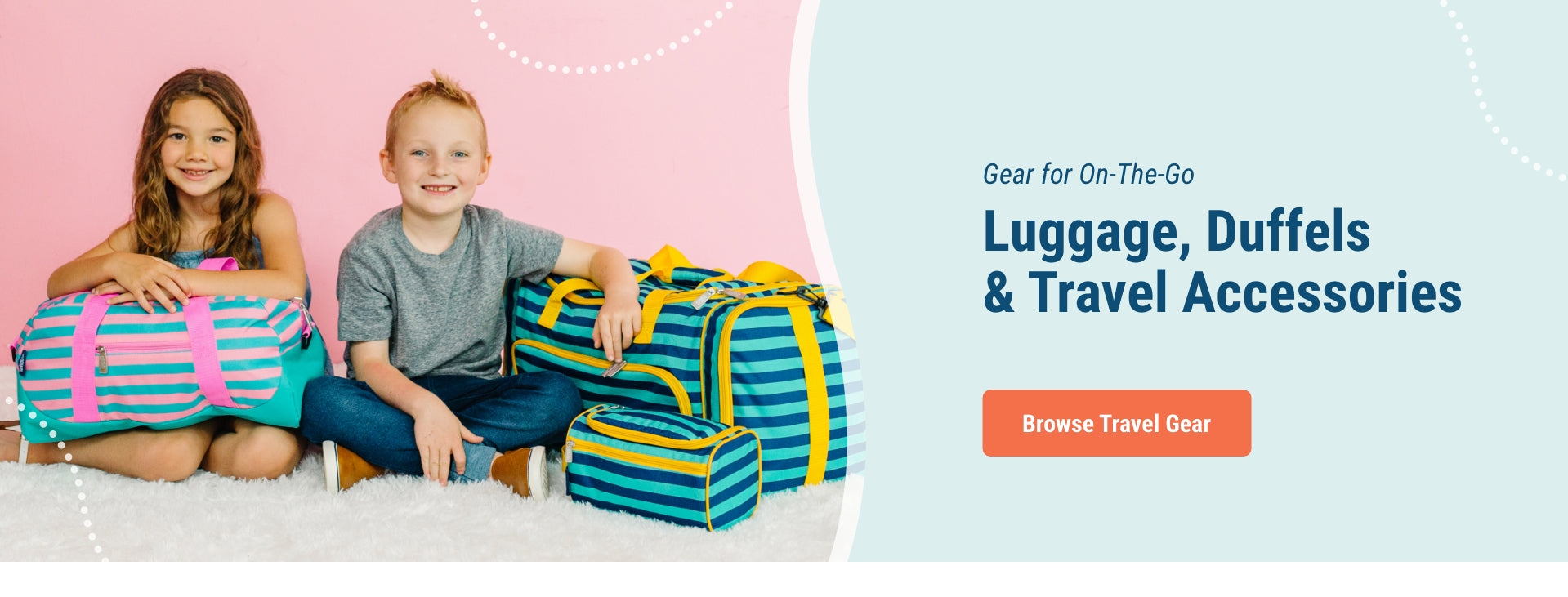 Image of girl and boy sitting with striped duffel bags. Gear for On-The-Go. Luggage, Duffel, & Travel Accessories. Link to Browse Travel Gear.