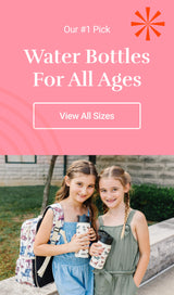 Two girls outdoors smiling and holding Wildkin water bottles, one wearing a backpack. Text reads “Our #1 Pick – Water Bottles for All Ages” with a button “View All Sizes.”