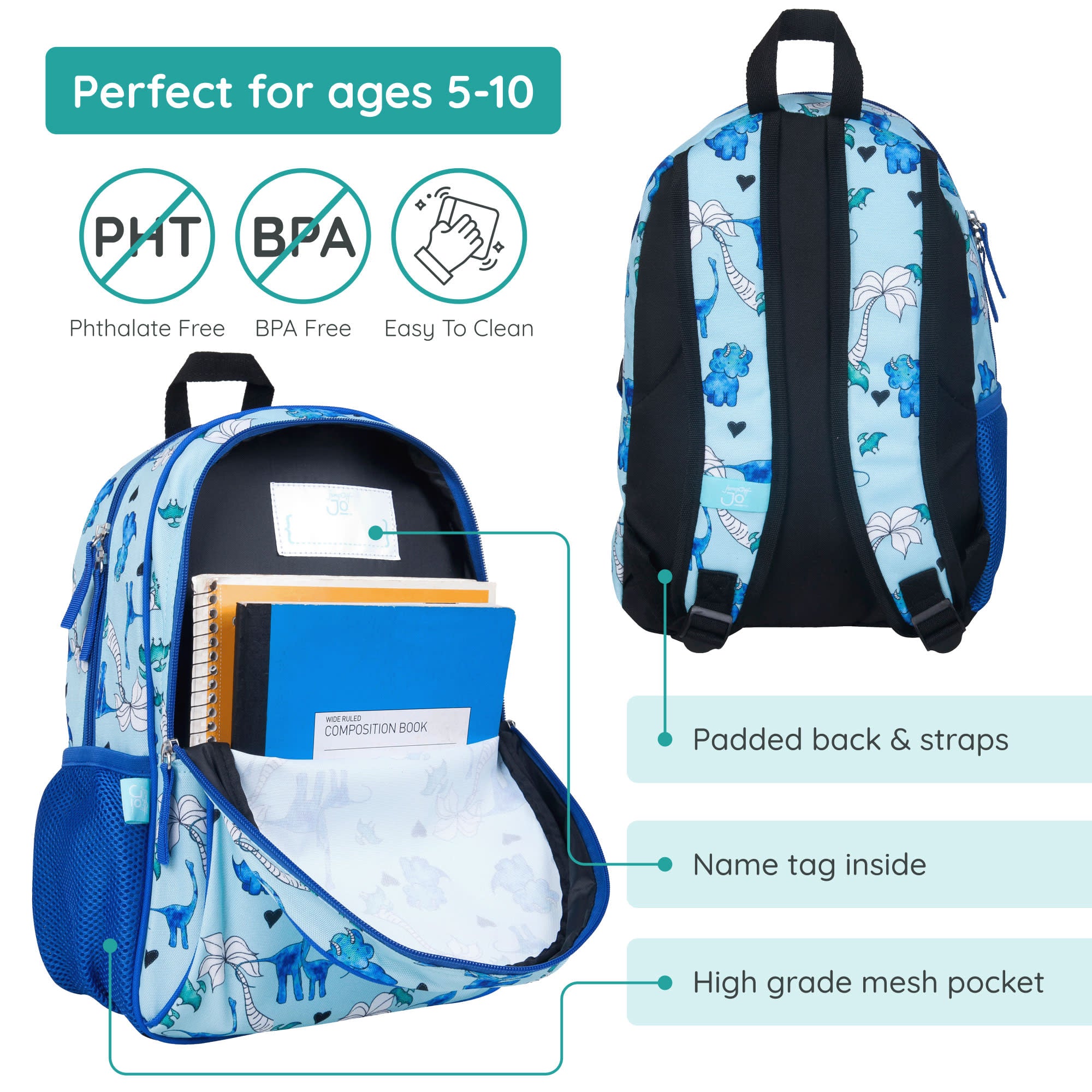 Blue Dino 15 Inch Backpack