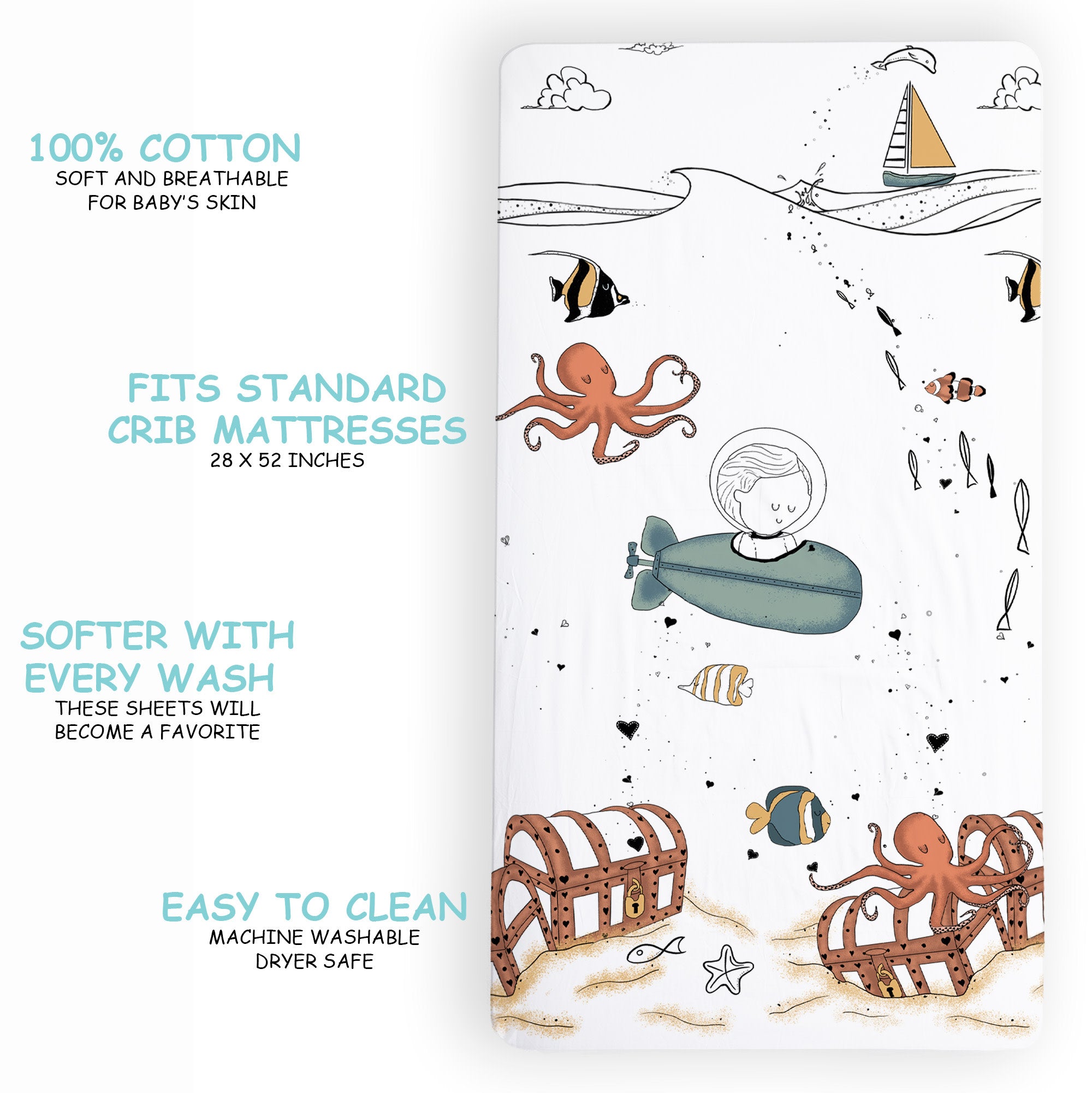 100% Cotton Fitted Crib Sheet - Octopus Treasure