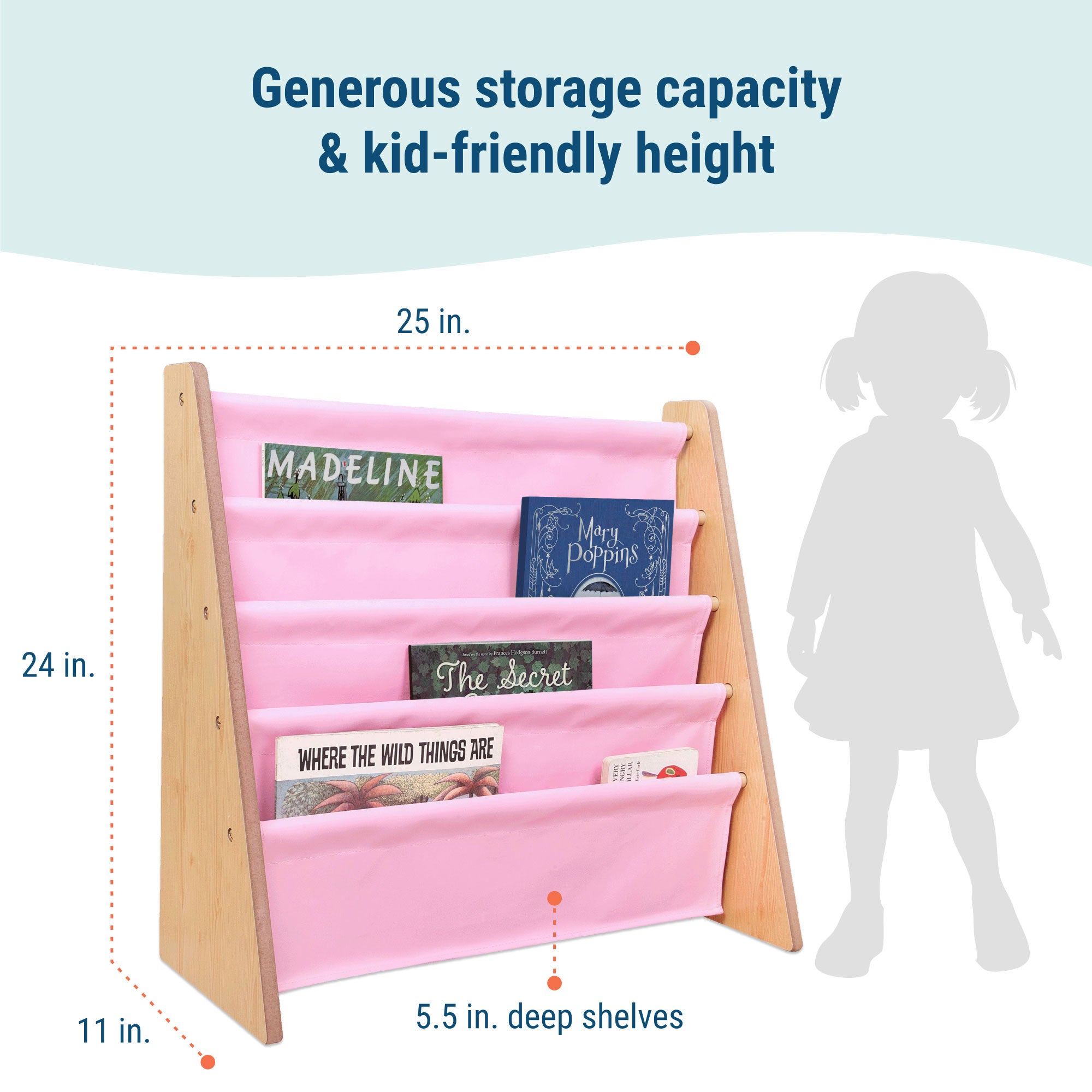 Vegan Leather Original Sling Bookshelf - Natural Wood w/ Light Pink