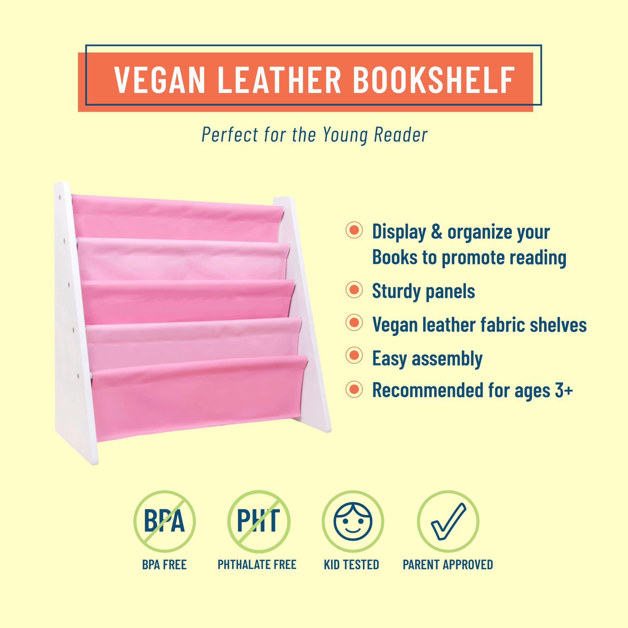 Vegan Leather Original Sling Bookshelf - White Wood w/ Light Pink and Dark Pink