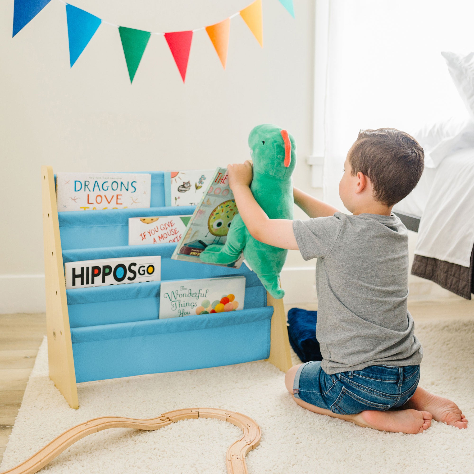 Premium Sling Bookshelf - Natural w/ Aqua