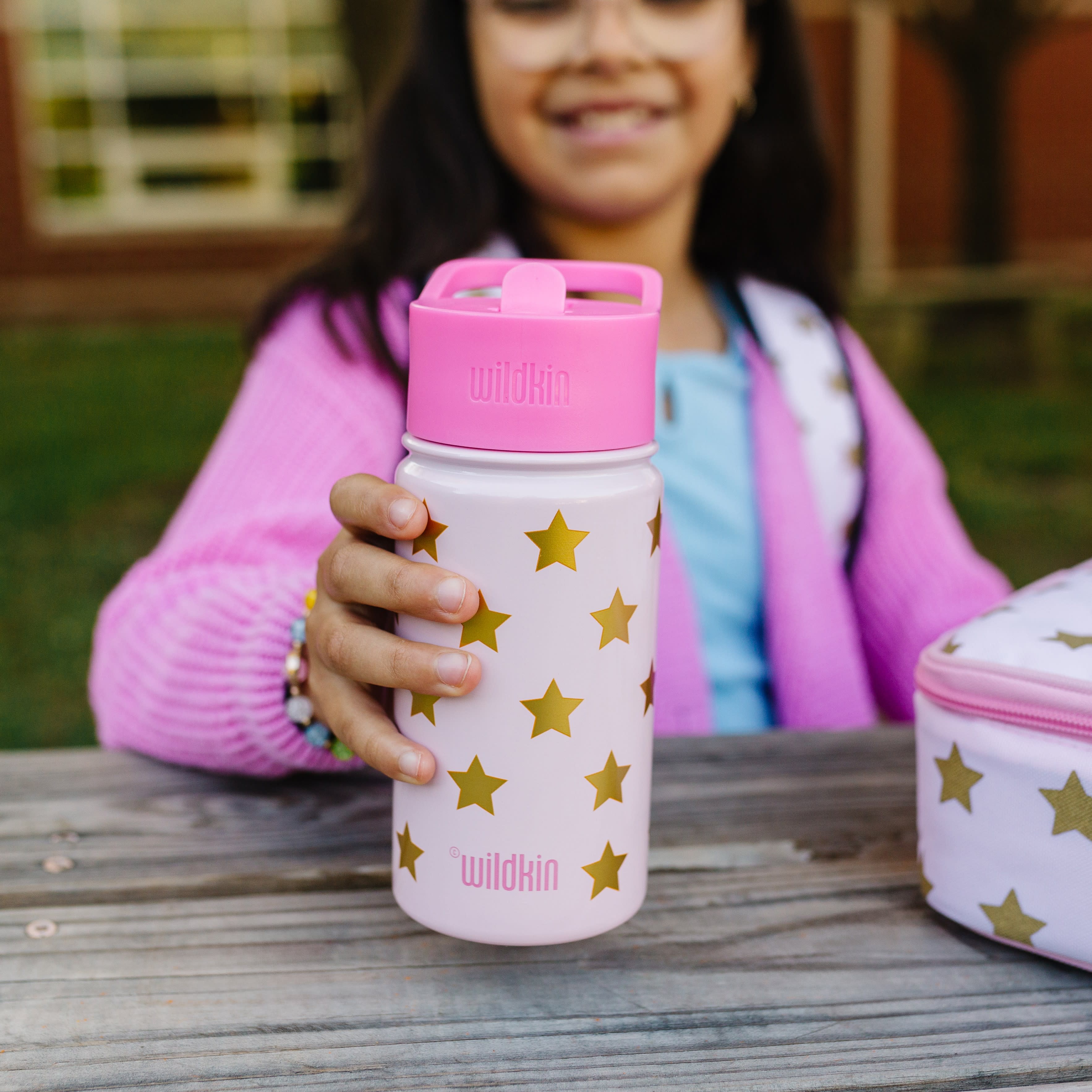 Pink and Gold Stars 14 oz Steel Bottle