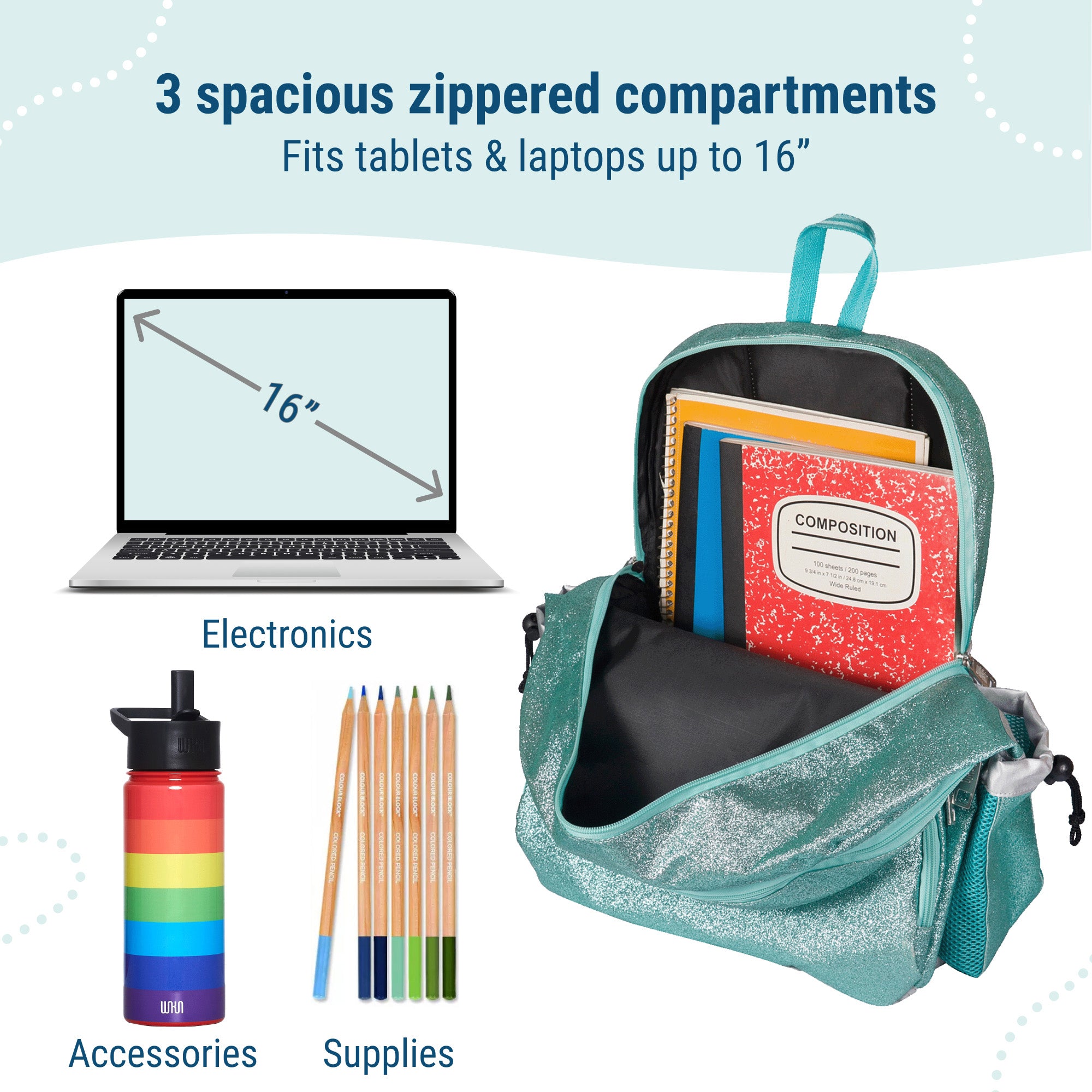 Blue Glitter 17 inch Backpack