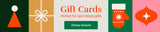 Festive holiday banner featuring bright geometric ornaments and a mitten. Text reads “Gift Cards – Perfect for last minute gifts” with a green button labeled “Choose Amount.”