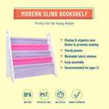 Premium Modern Sling Bookshelf - White Wood w/ Pink and Purple