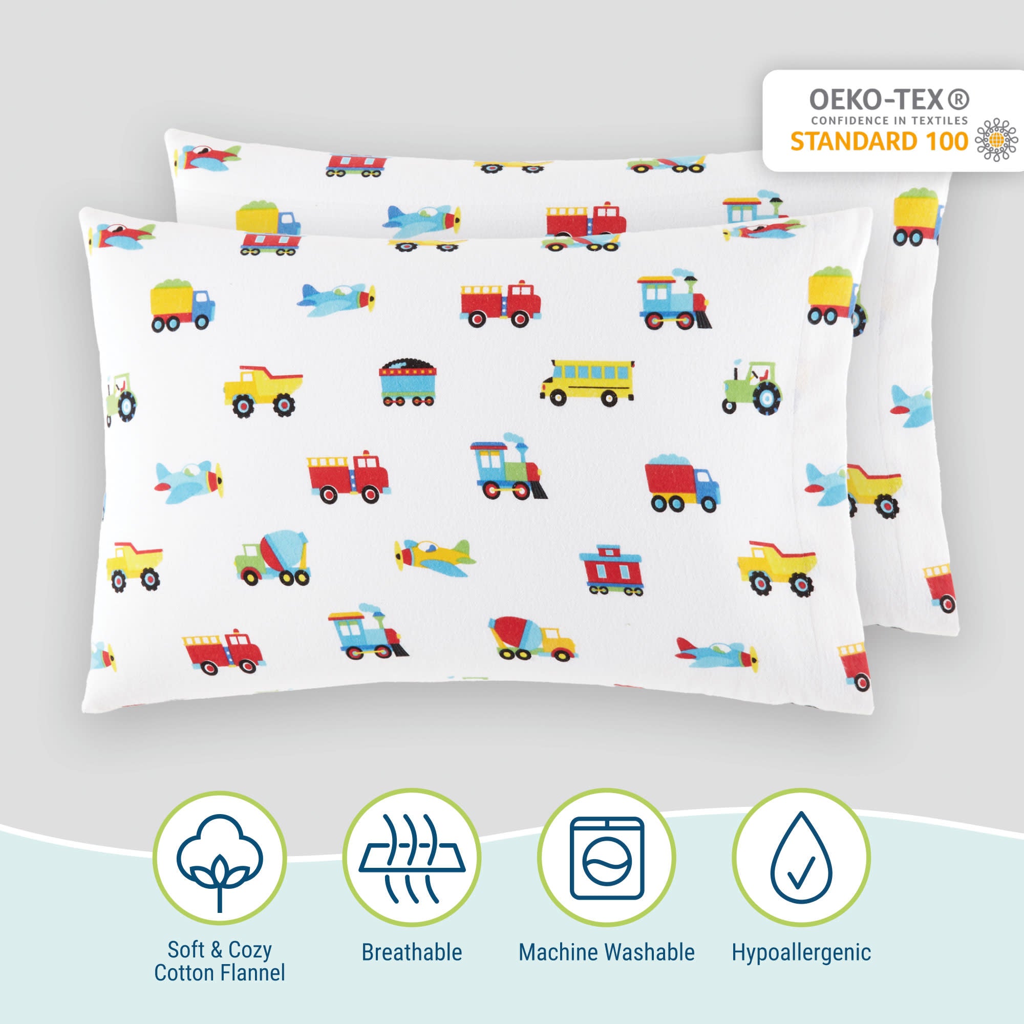 Trains, Planes & Trucks 100% Cotton Flannel Pillow Cases - 2 pack