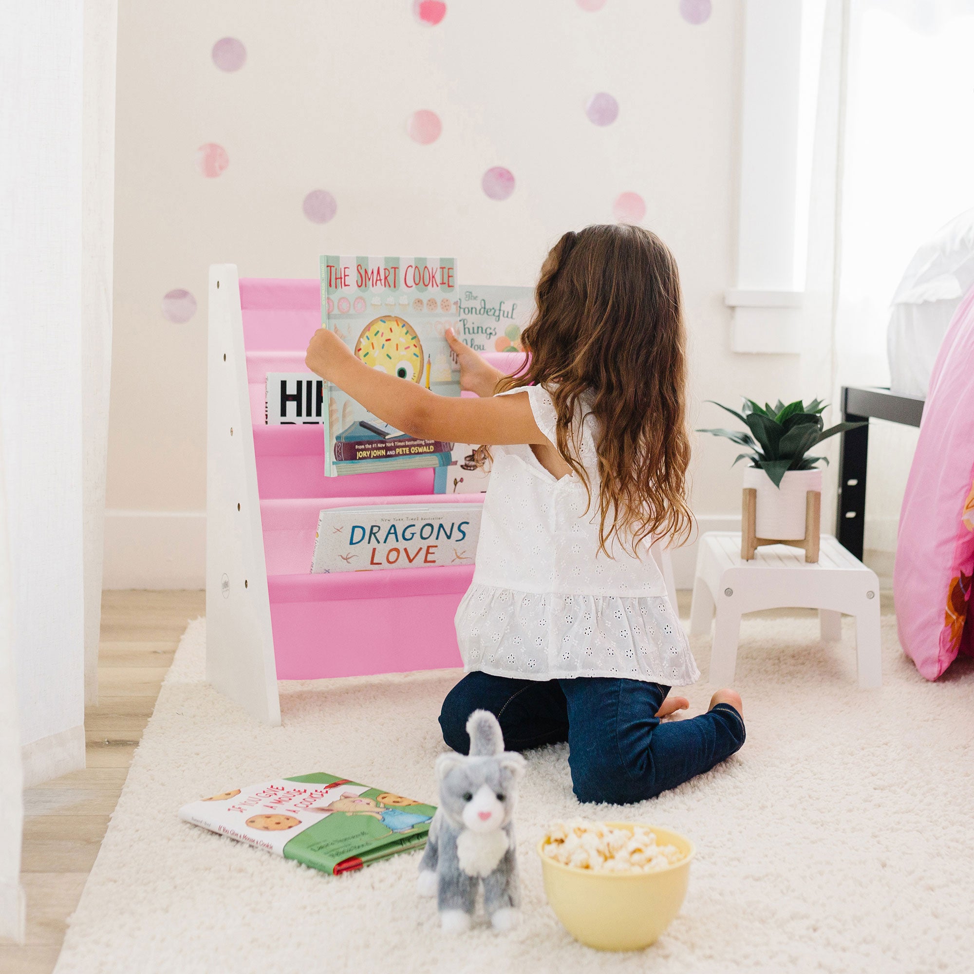 Vegan Leather Original Sling Bookshelf - White Wood w/ Light Pink and Dark Pink