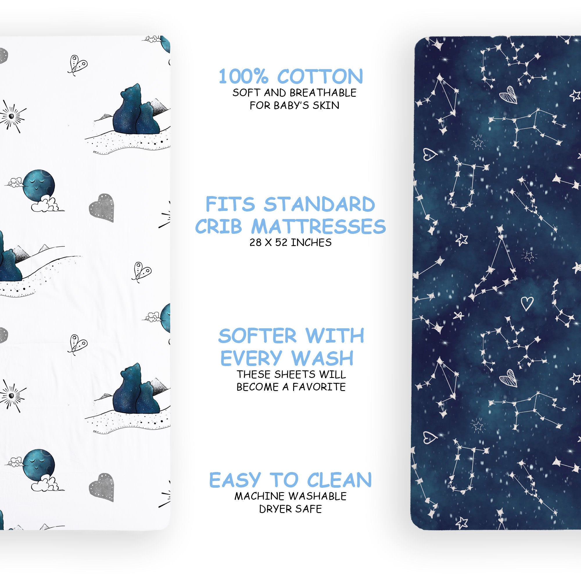 100% Cotton Fitted Crib Sheets - Galaxy & Mama Bear - 2 Pack