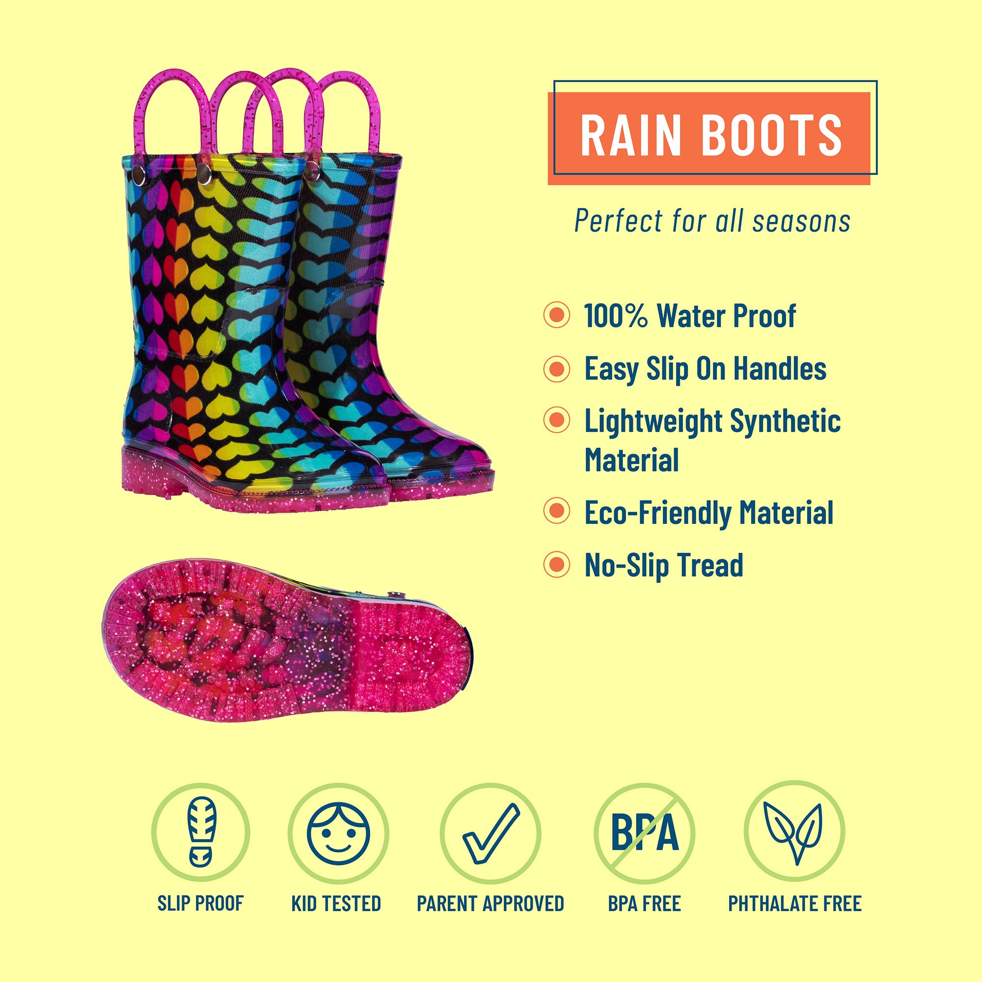Rainbow Hearts Rain Boots, size  5