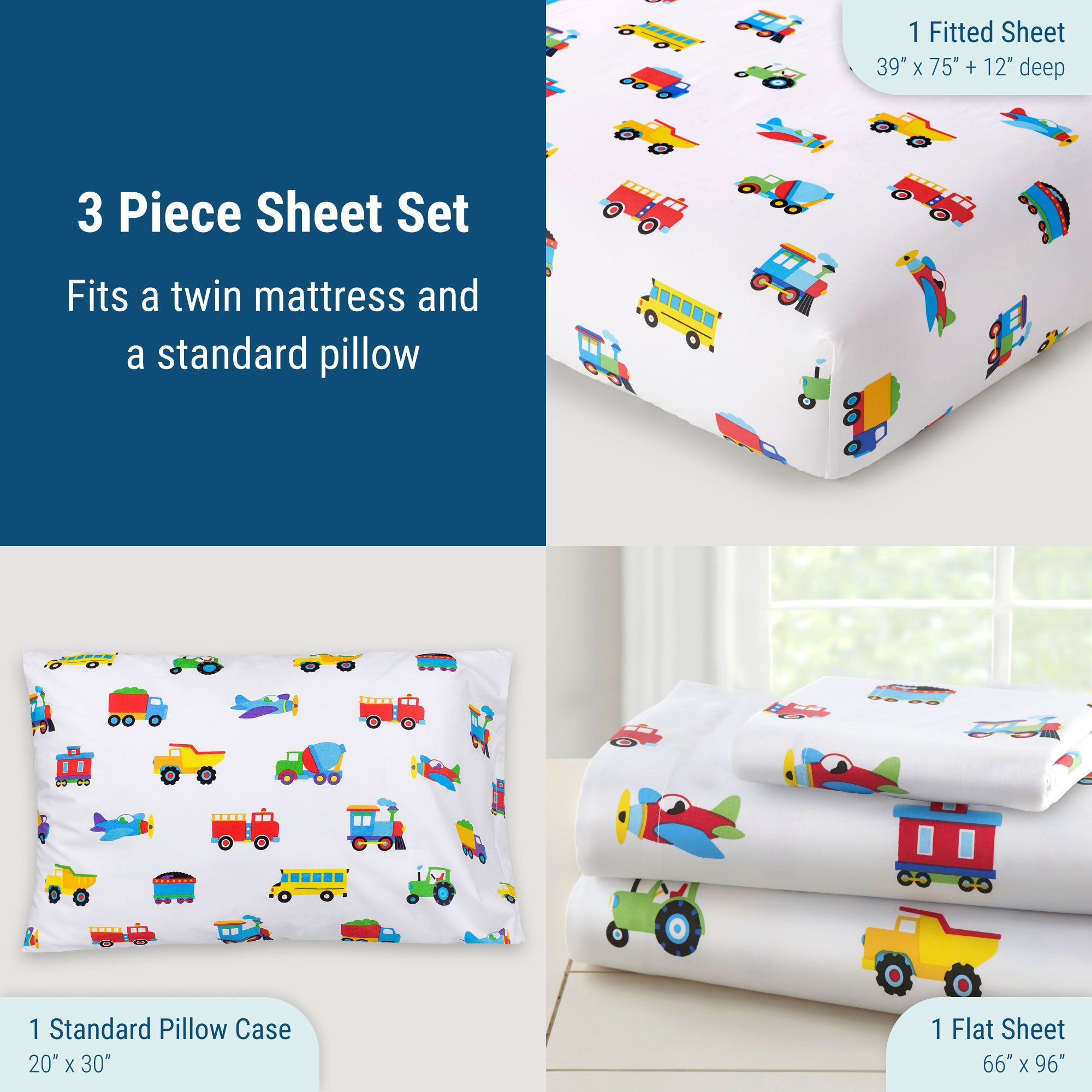 Trains, Planes & Trucks 100% Cotton Percale Sheet Set