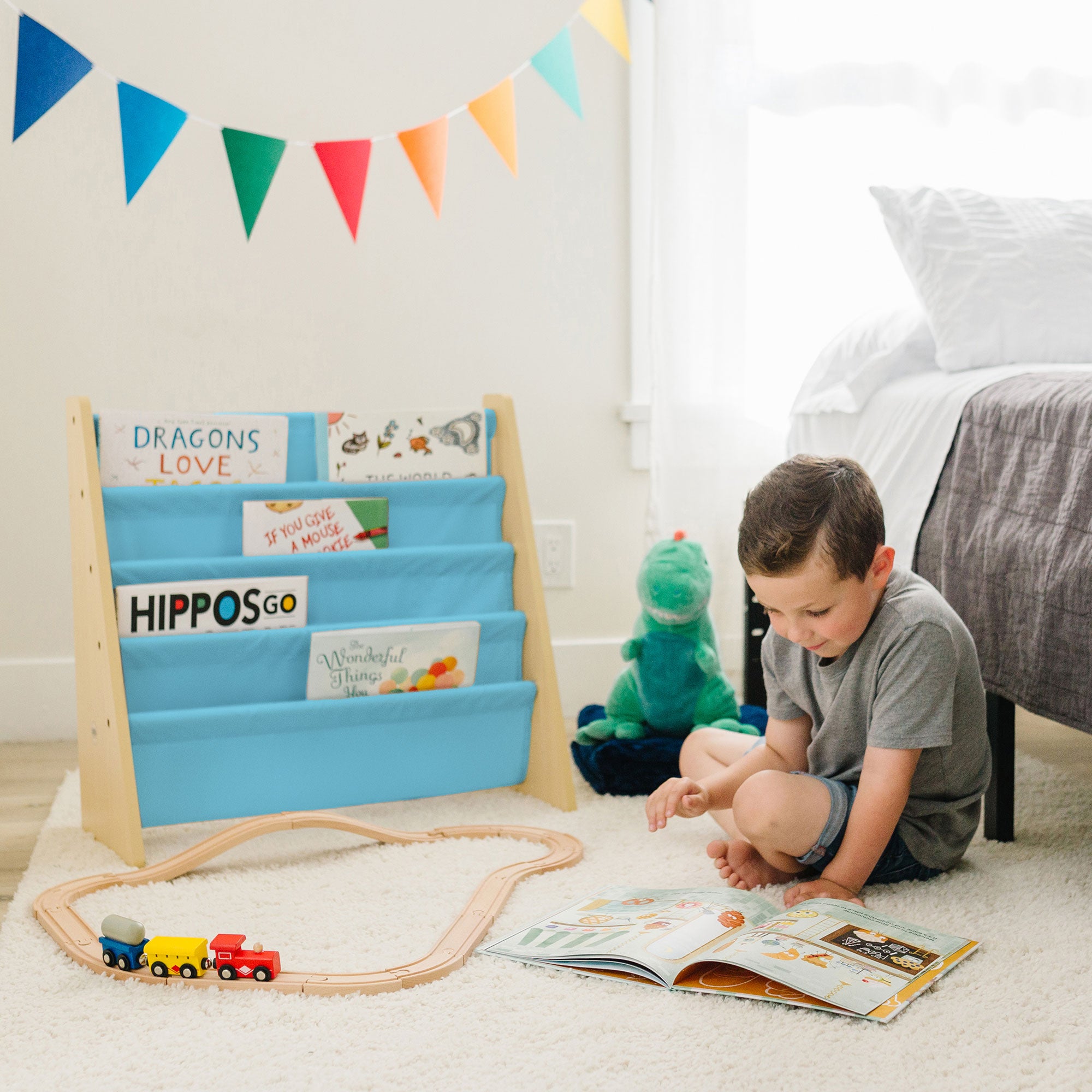 Premium Sling Bookshelf - Natural w/ Aqua