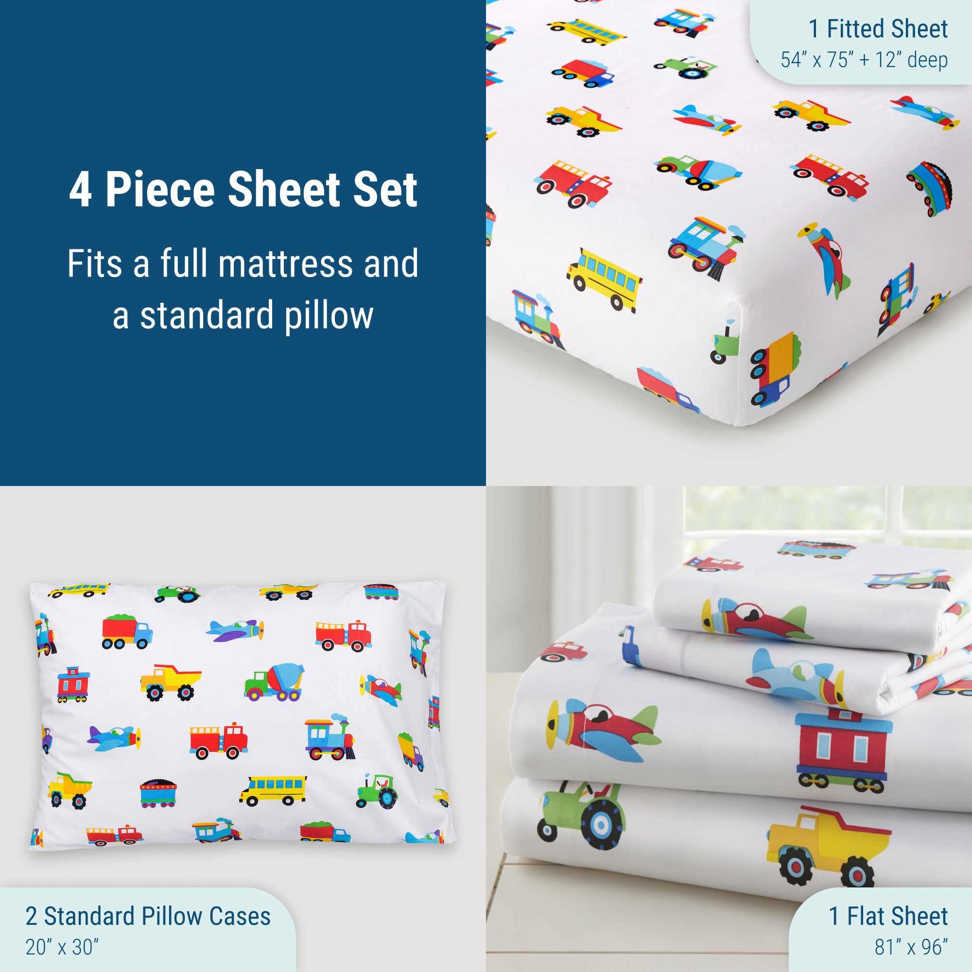 Trains, Planes & Trucks 100% Cotton Sheet Set - Full
