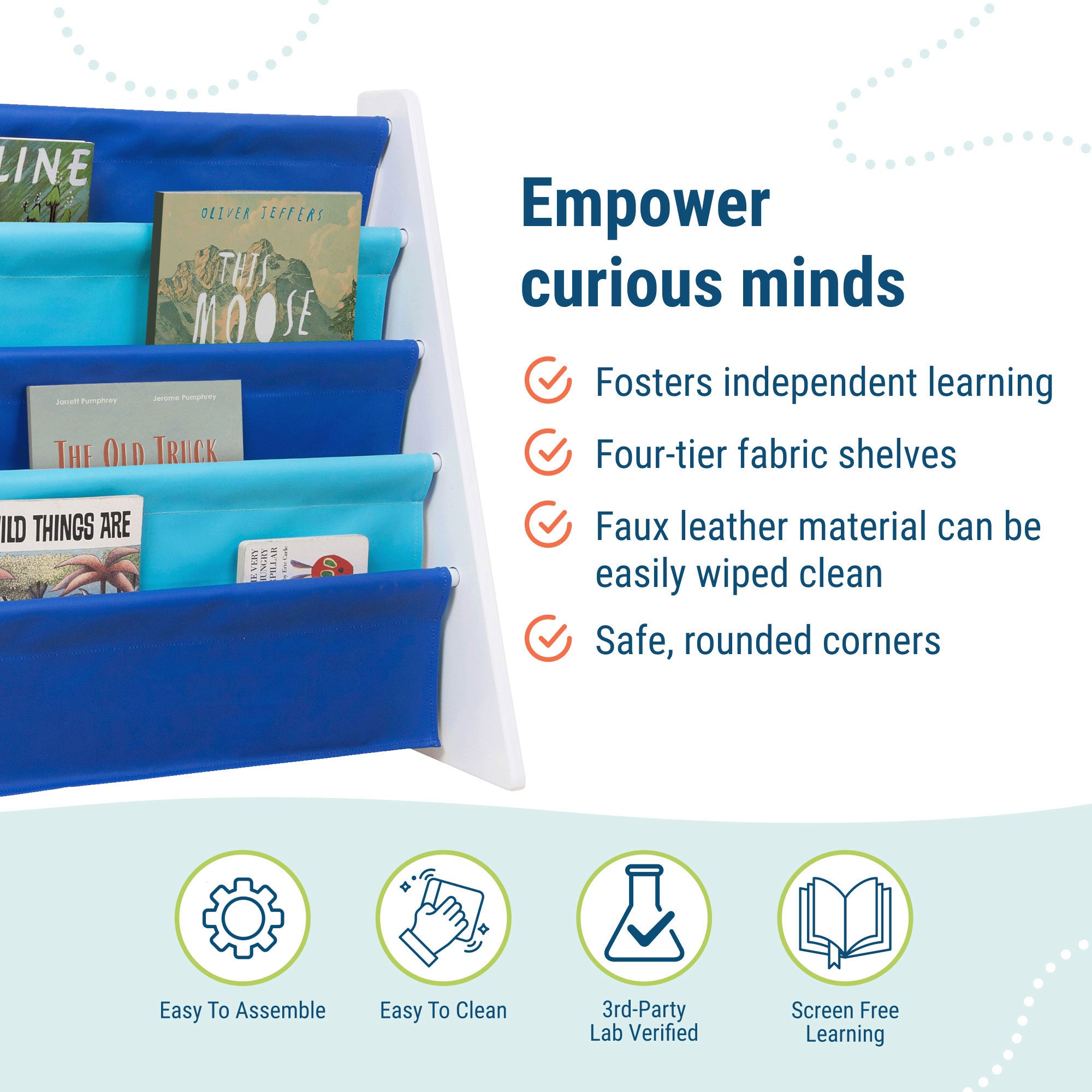 Vegan Leather Original Sling Bookshelf - White Wood w/ Light Blue and Dark Blue