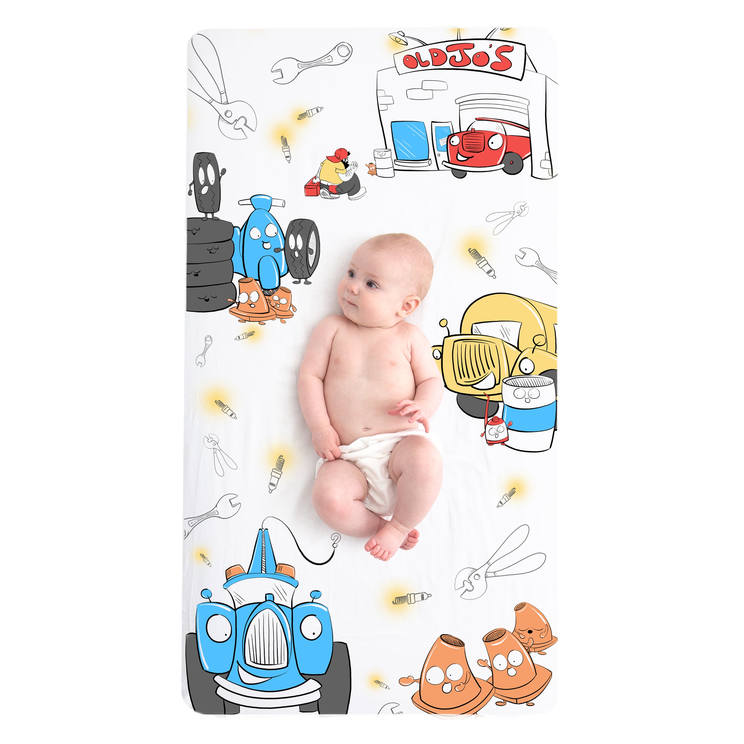 100% Cotton Fitted Crib Sheet - Jo's Garage (White)