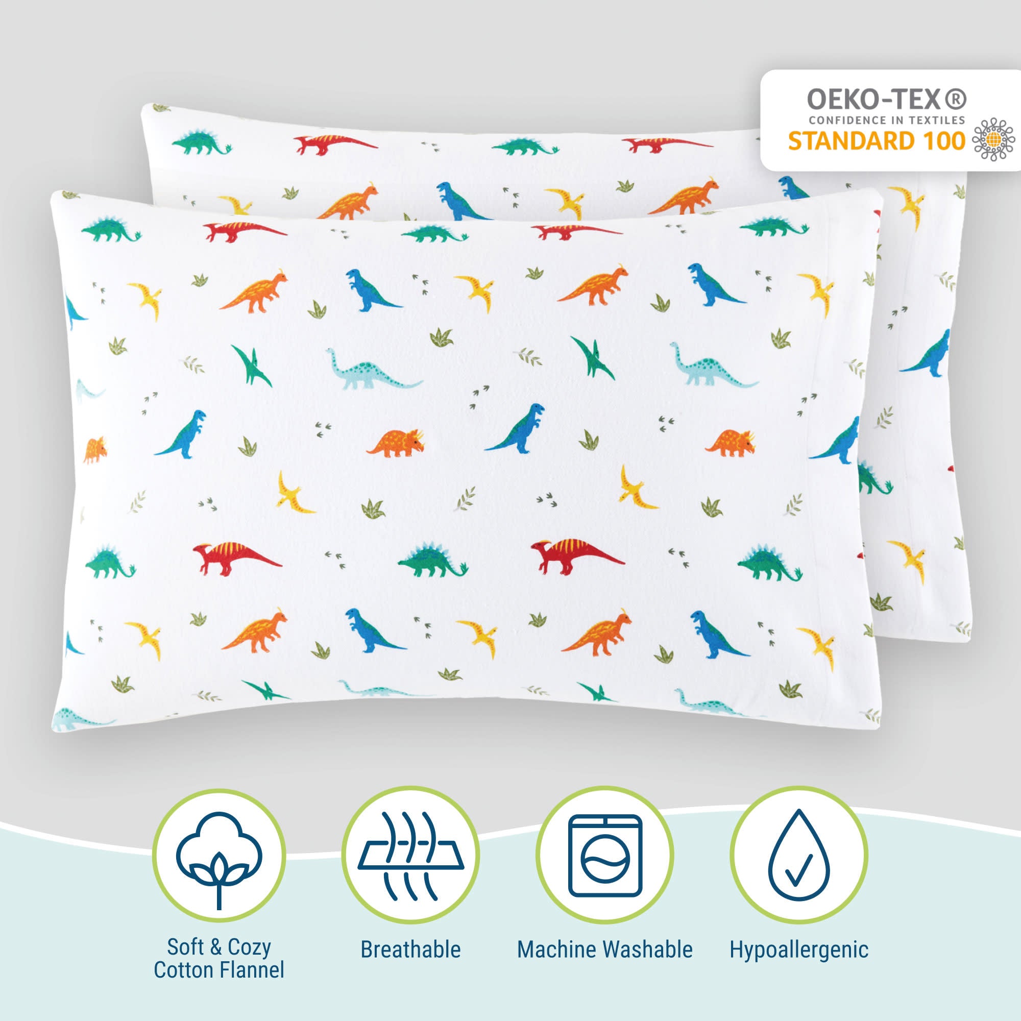 Jurassic Dinosaurs 100% Cotton Flannel Pillow Cases - 2 pack