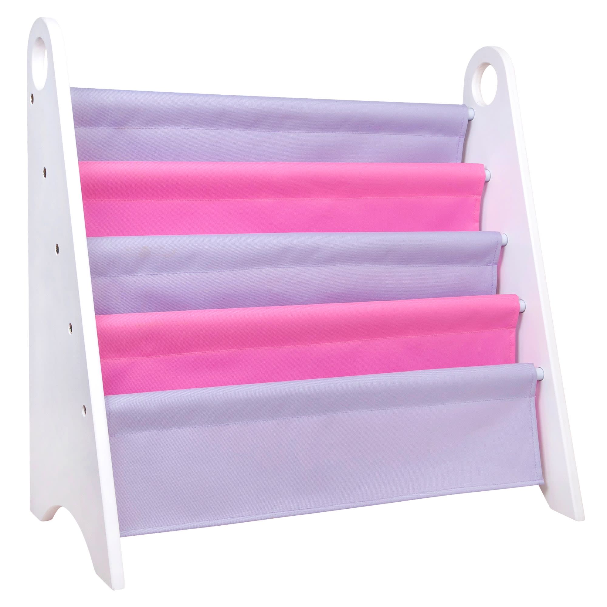 Premium Modern Sling Bookshelf - White Wood w/ Pink and Purple