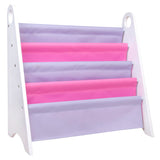 Premium Modern Sling Bookshelf - White Wood w/ Pink and Purple