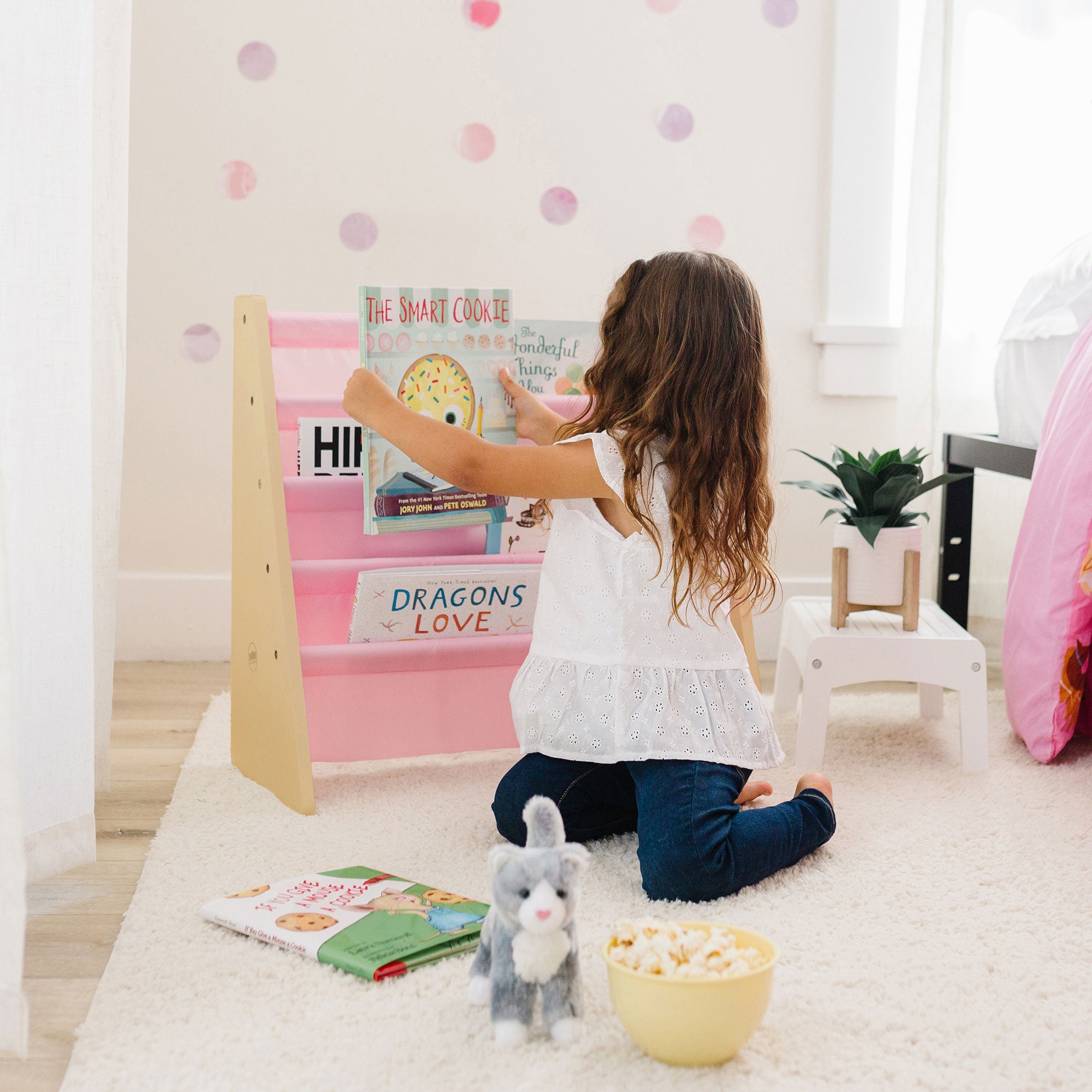 Vegan Leather Original Sling Bookshelf - Natural Wood w/ Light Pink