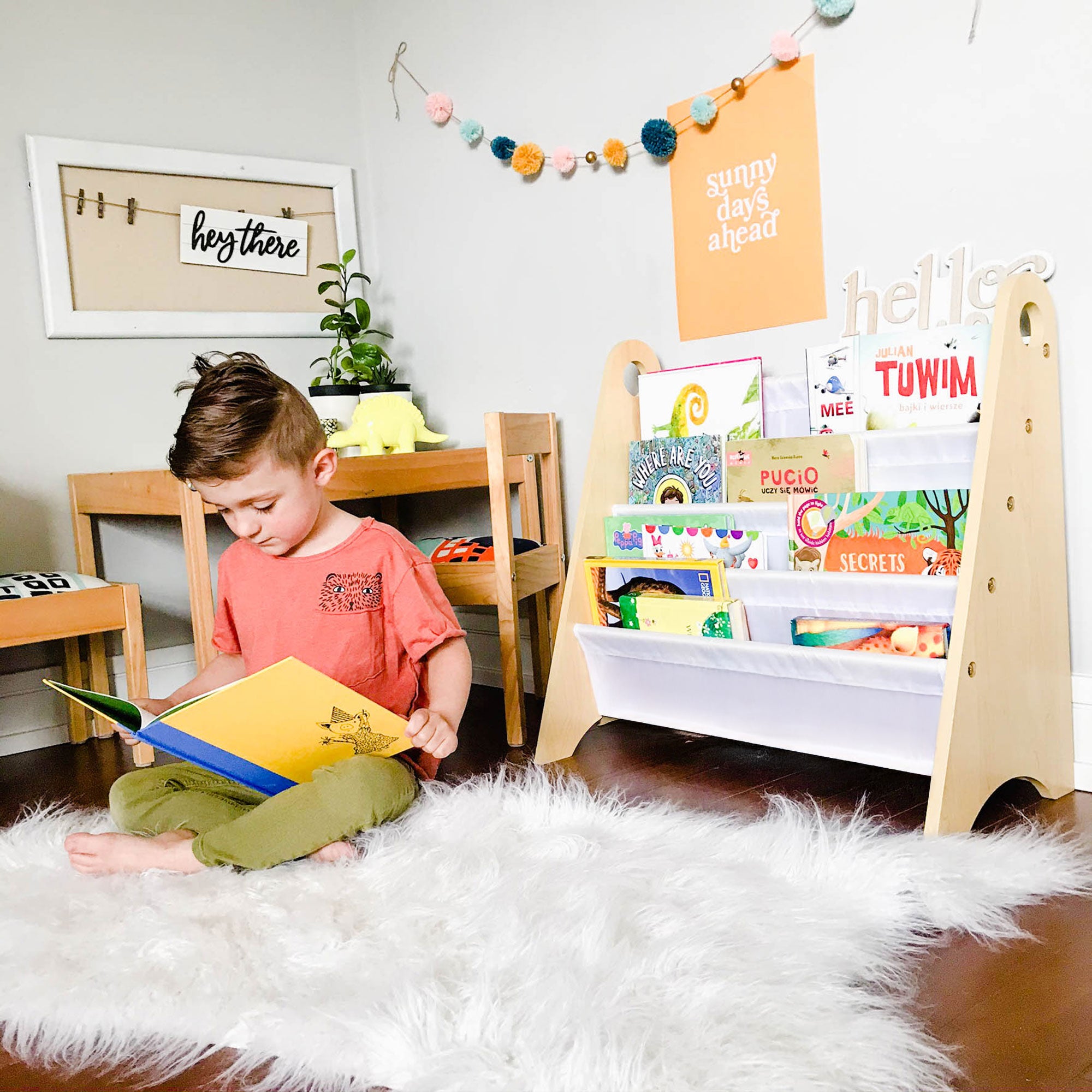 Modern Sling Bookshelf - Natural w/ White