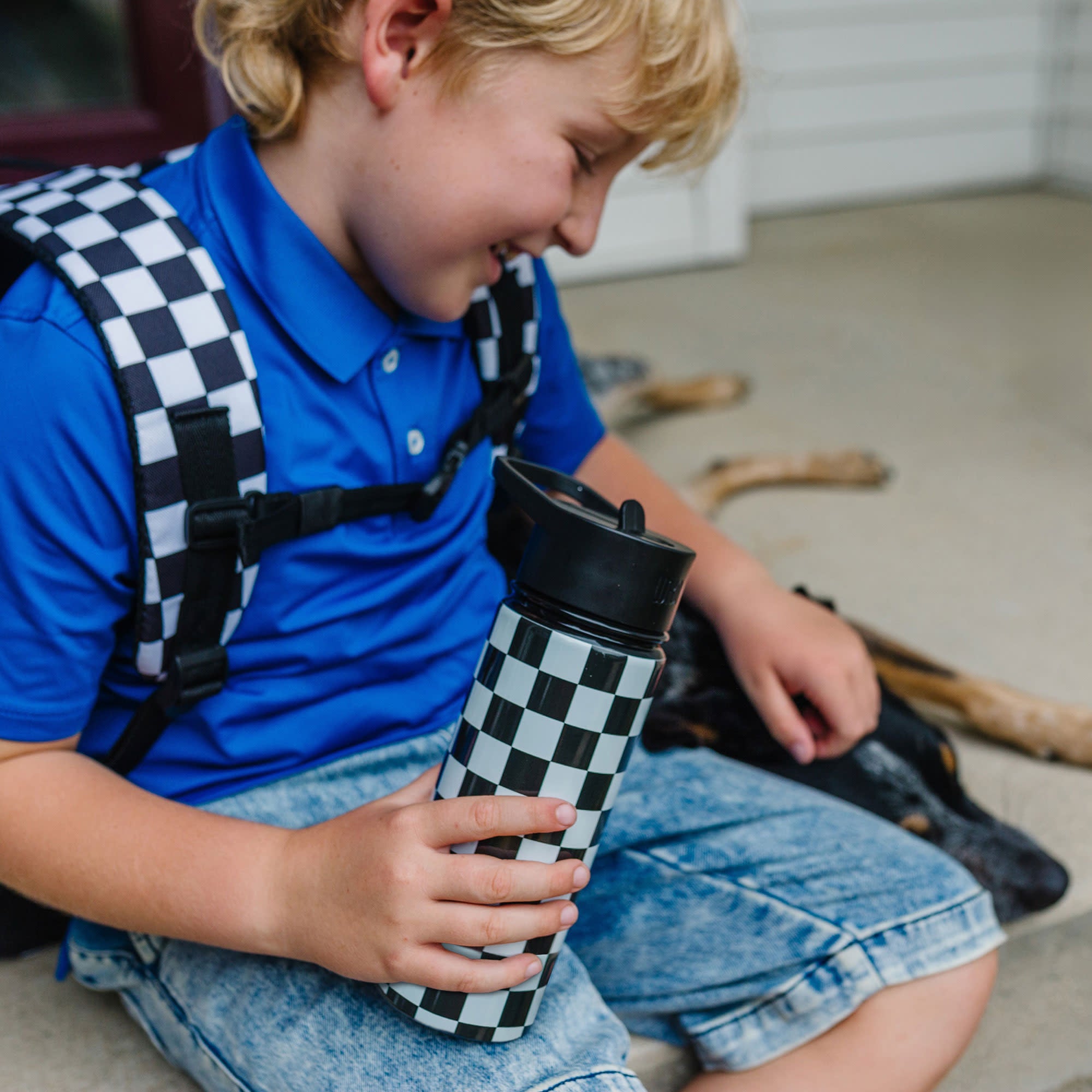 Black and White Checkered 18 oz Steel Water Bottle