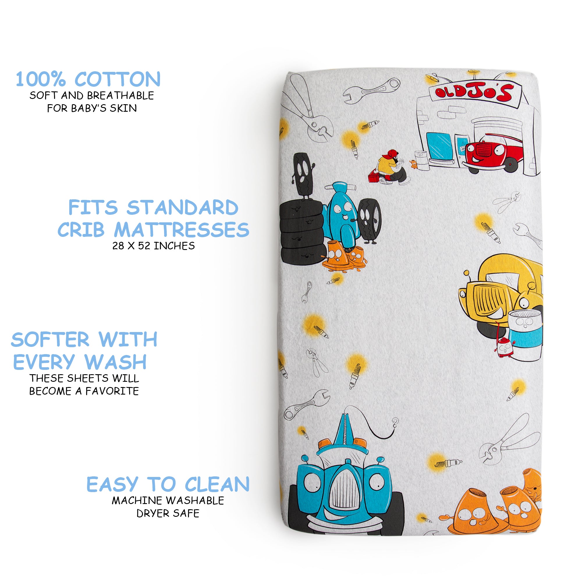 Fitted Crib Sheet - Jo's Garage (Heather Grey Jersey)