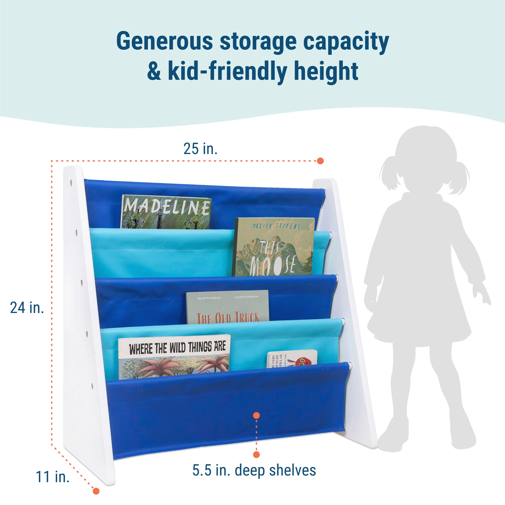 Vegan Leather Original Sling Bookshelf - White Wood w/ Light Blue and Dark Blue