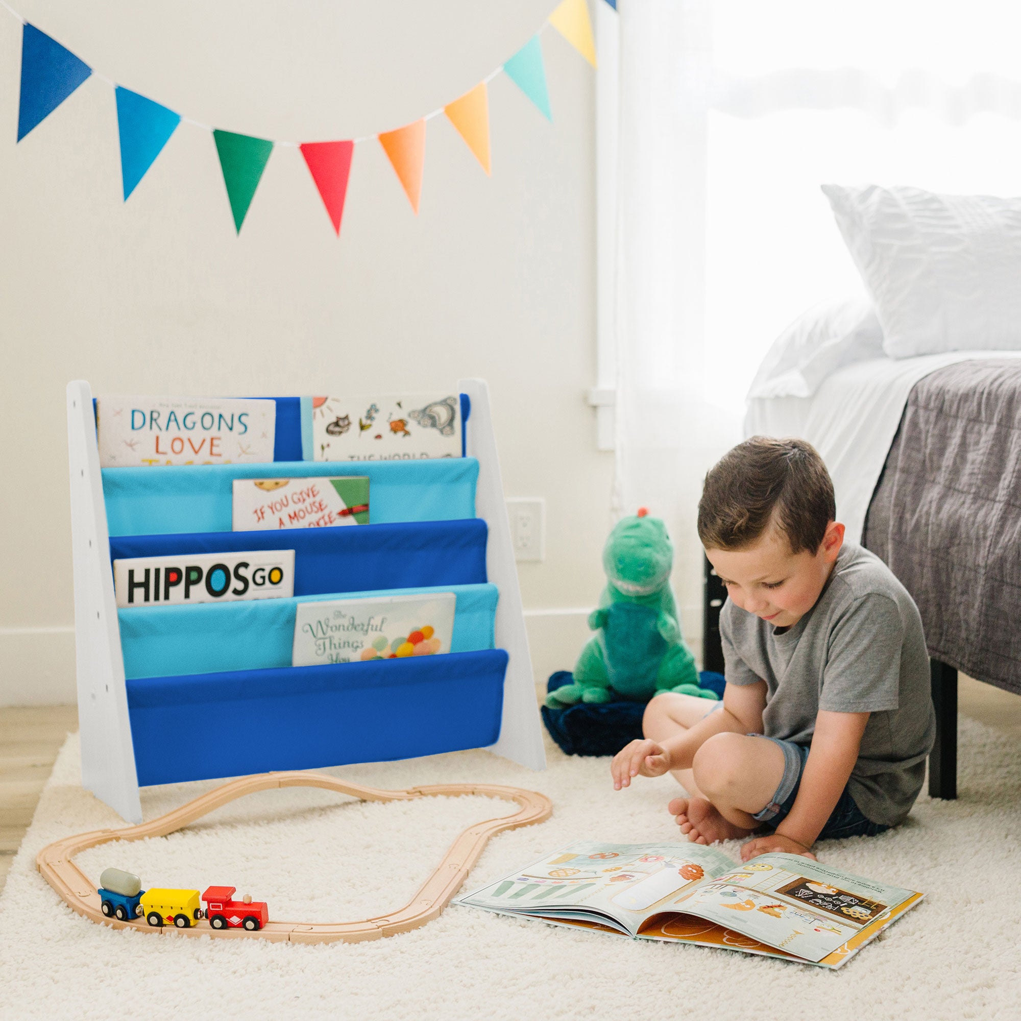Vegan Leather Original Sling Bookshelf - White Wood w/ Light Blue and Dark Blue