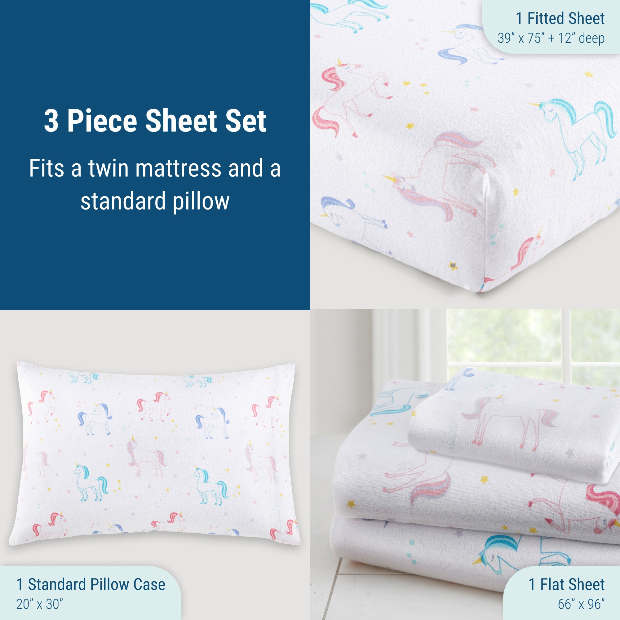 Unicorn 100% Cotton Flannel Sheet Set