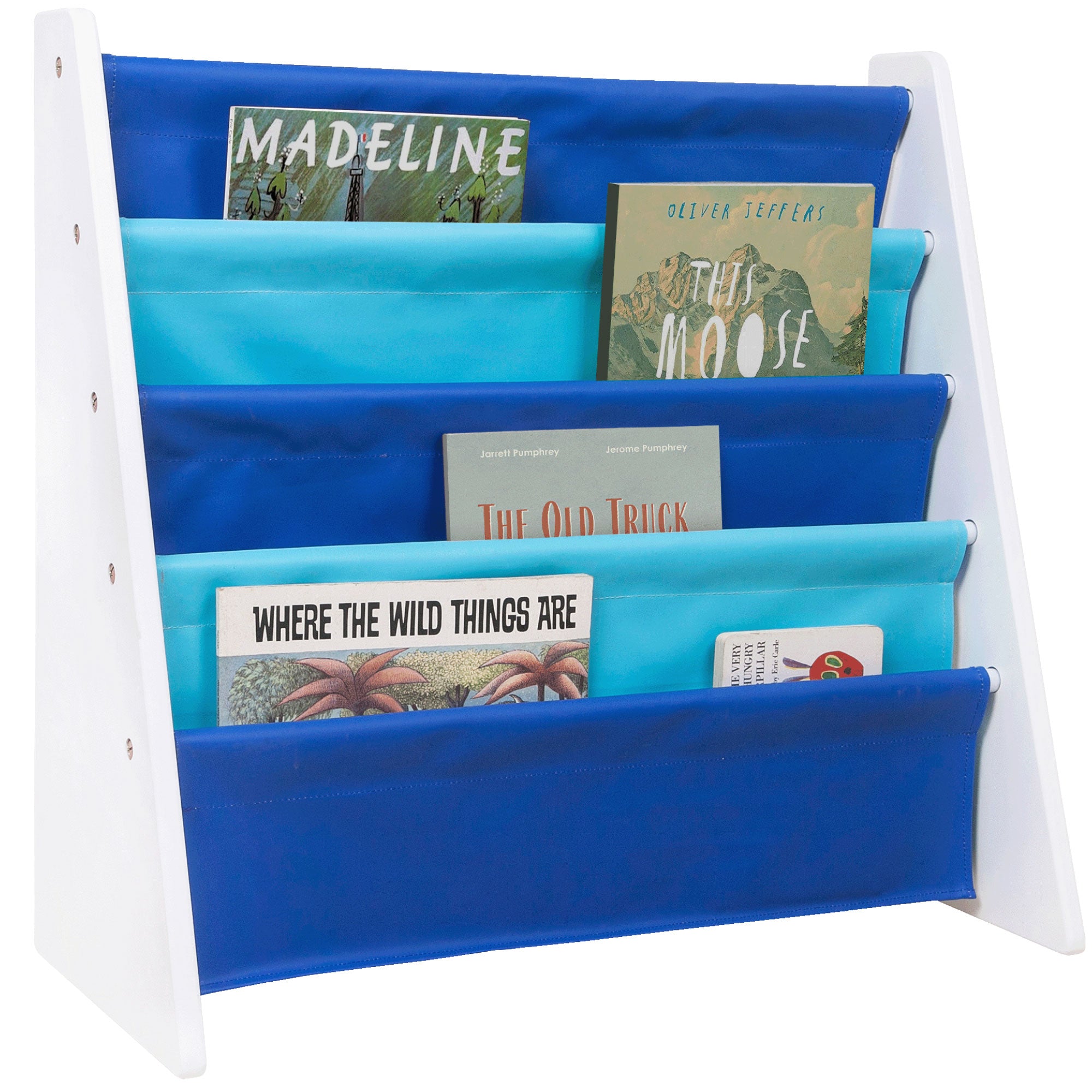 Vegan Leather Original Sling Bookshelf - White Wood w/ Light Blue and Dark Blue