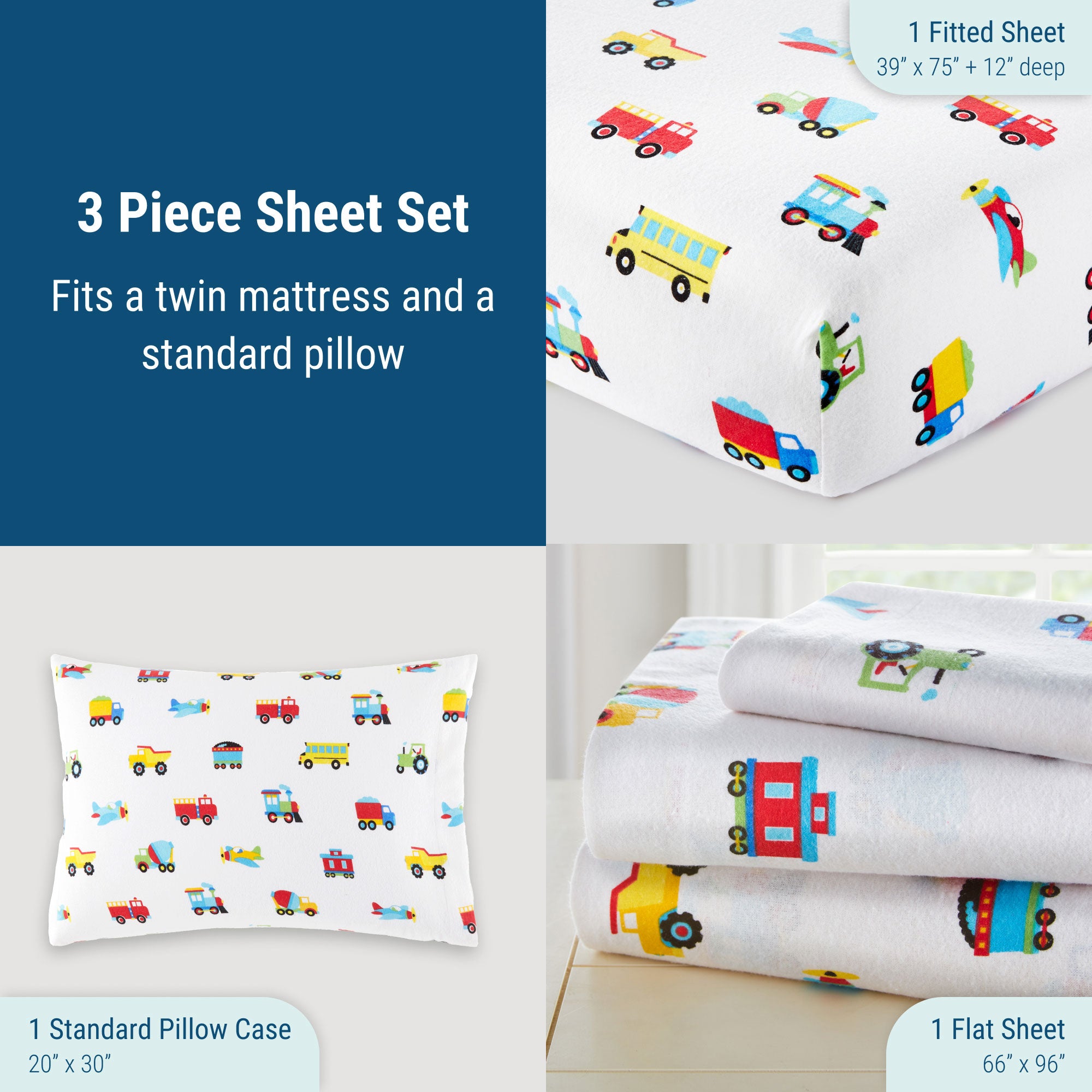 Trains, Planes & Trucks 100% Cotton Flannel Sheet Set - Twin