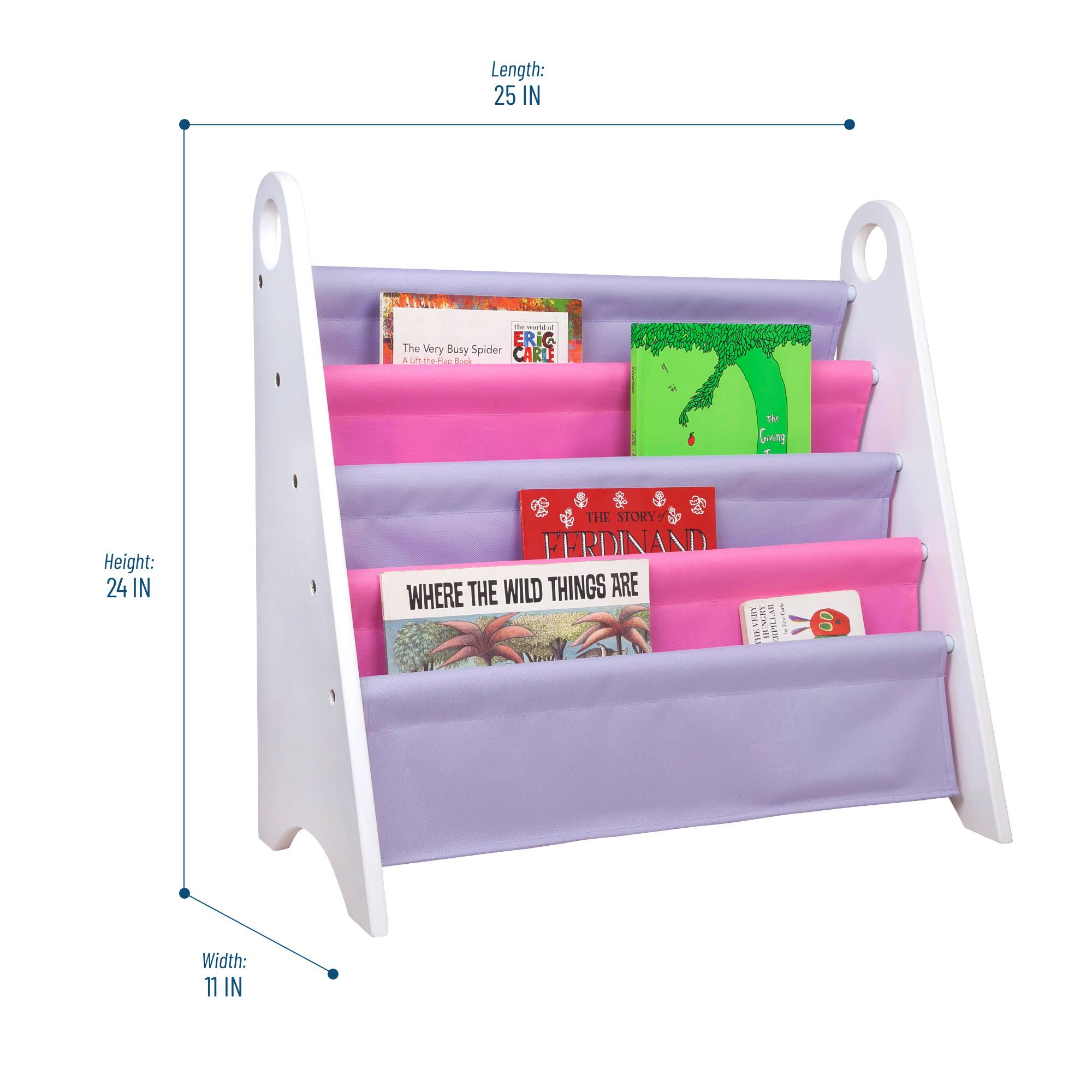 Premium Modern Sling Bookshelf - White Wood w/ Pink and Purple