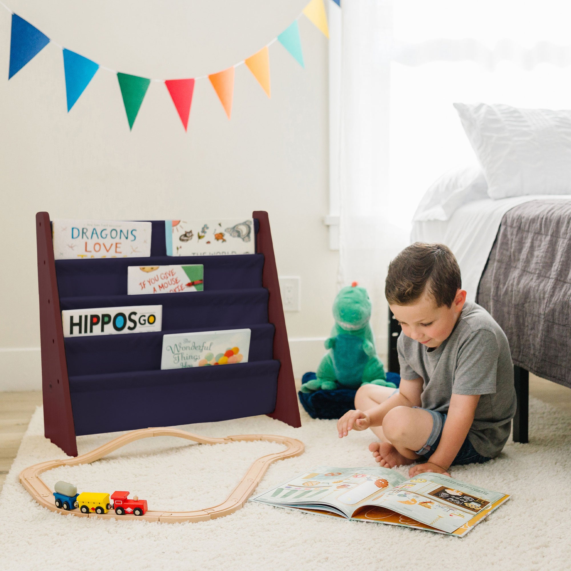 Sling Bookshelf - Cherry w/ Blue