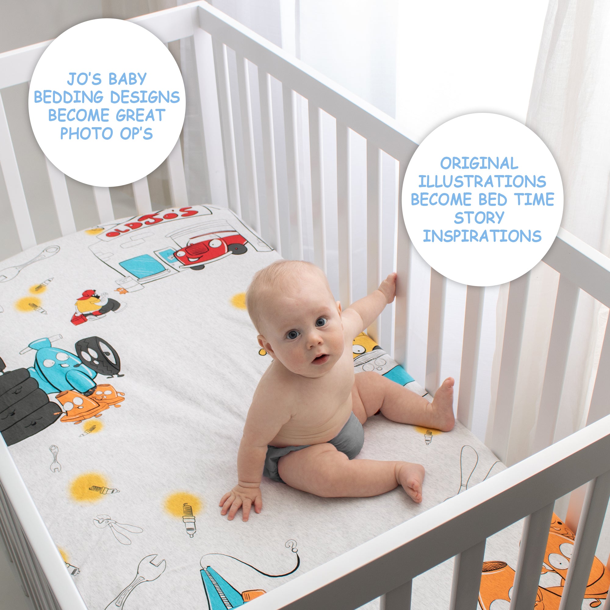 Fitted Crib Sheet - Jo's Garage (Heather Grey Jersey)