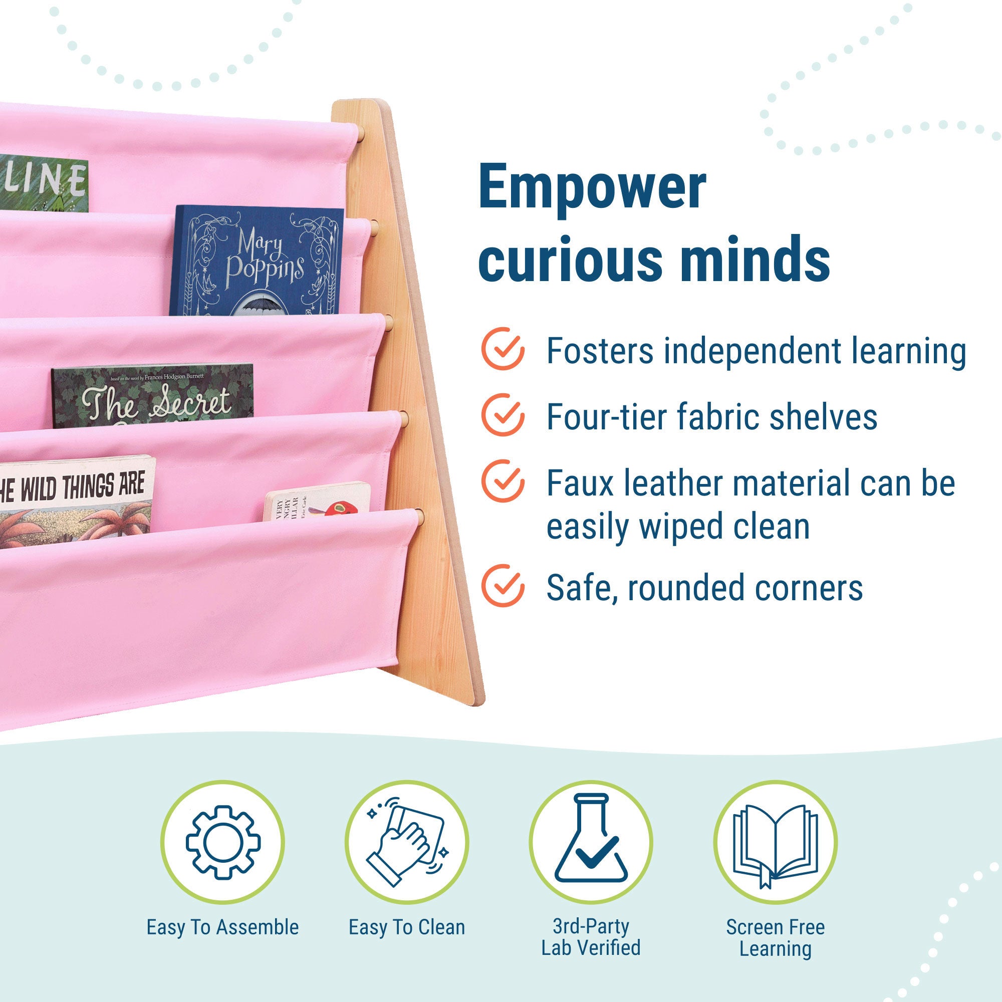 Vegan Leather Original Sling Bookshelf - Natural Wood w/ Light Pink