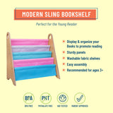 Premium Modern Sling Bookshelf - Natural Wood w/ Pink, Purple and Blue