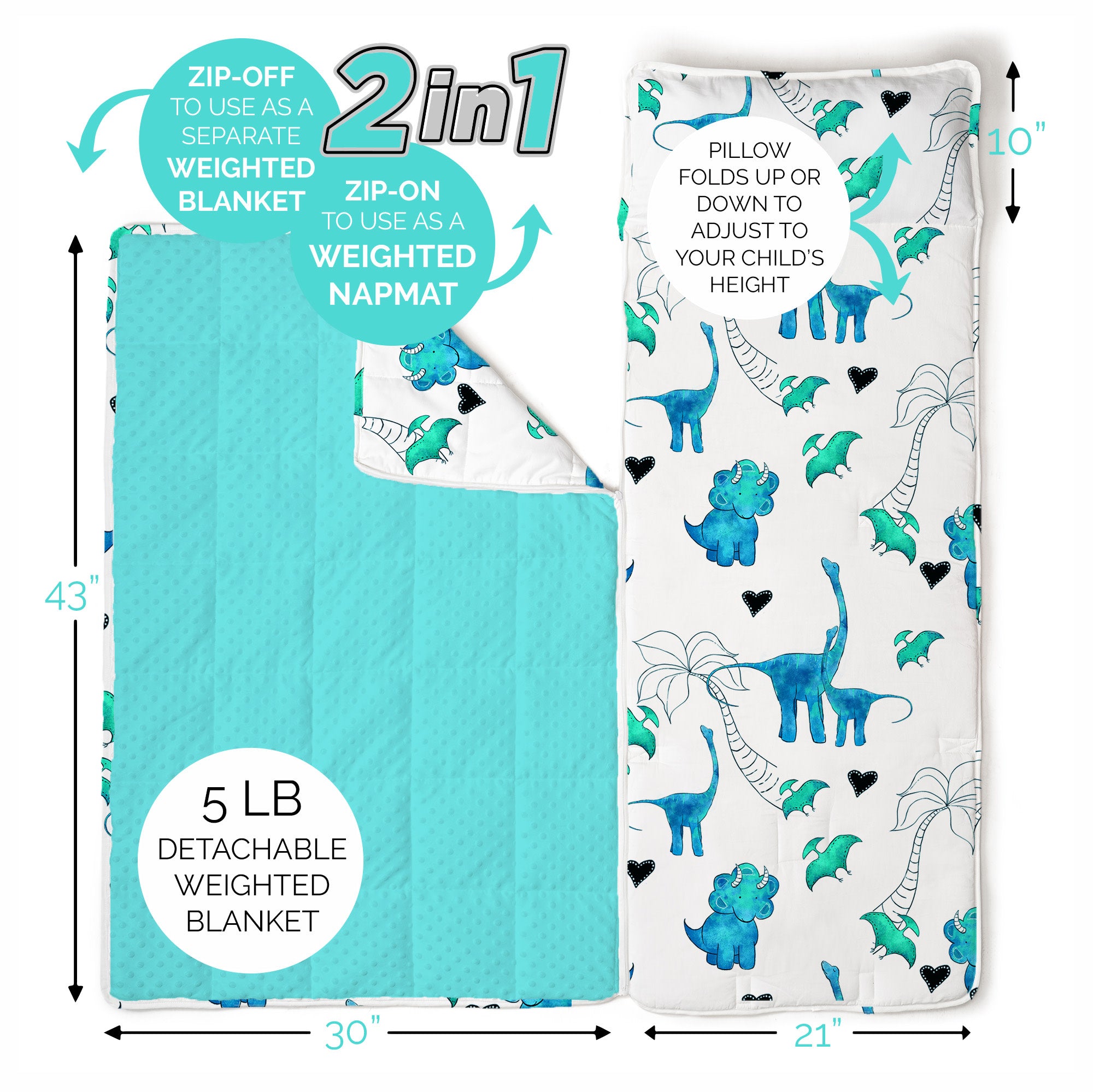 Extra Long Toddler Nap Mat - Blue Dino