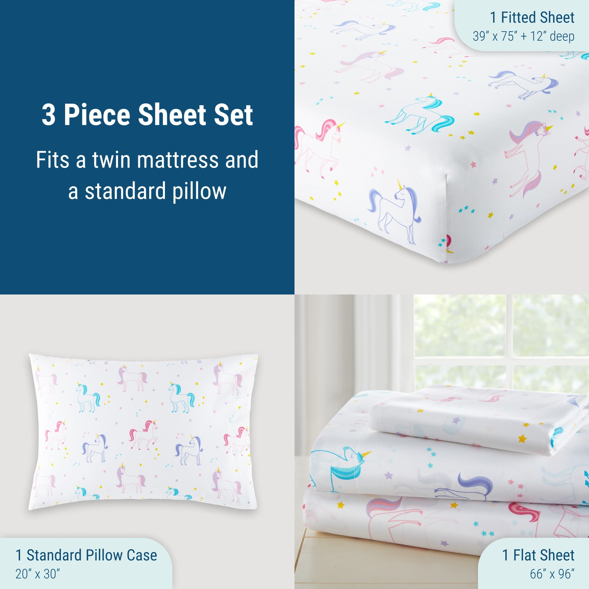 Unicorn 100% Cotton Sheet Set - Twin