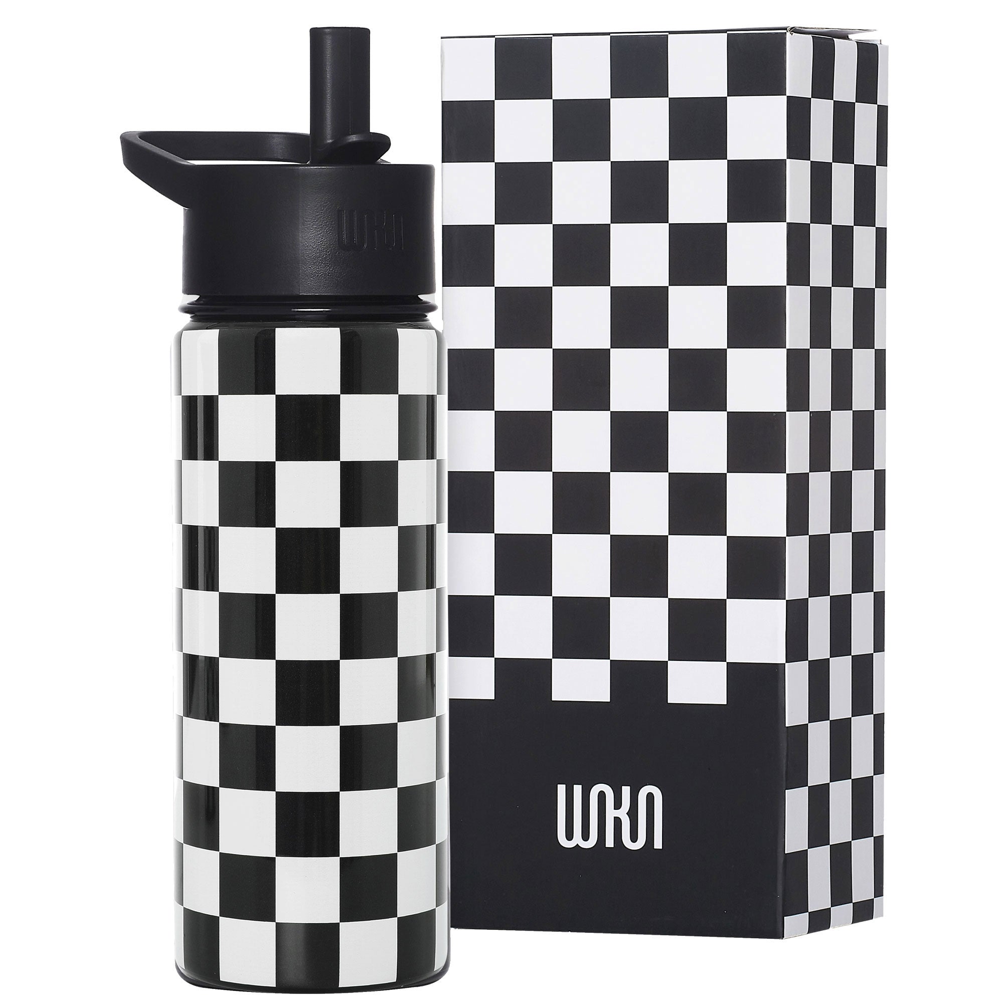 Black and White Checkered Steel Water Bottle
